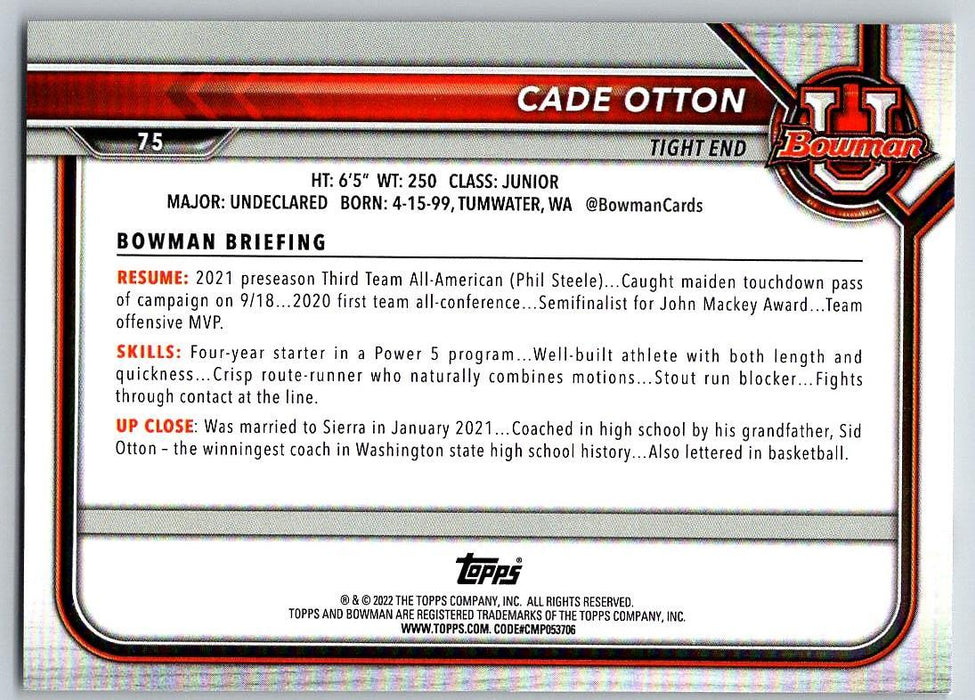 Cade Otton 2021 Bowman University Football # 75 Washington Huskies 1st Bowman - Collectible Craze America