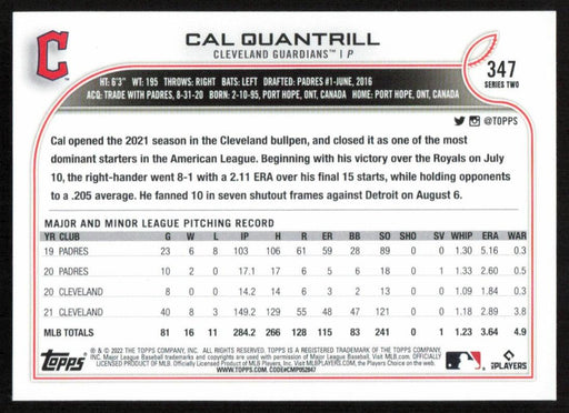 Cal Quantrill 2022 Topps Series 2 # 347 Rainbow Foil Cleveland Guardians - Collectible Craze America