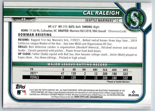 Cal Raleigh 2022 Bowman # 49 RC Seattle Mariners - Collectible Craze America