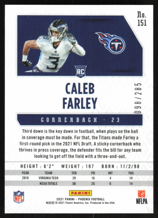 Caleb Farley 2021 Panini Phoenix Football # 151 RC Red Lazer 98/285 Tennessee Titans - Collectible Craze America