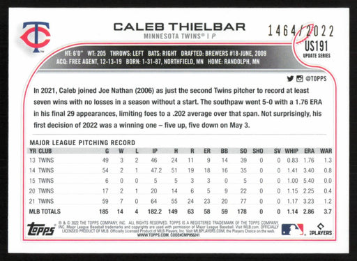 Caleb Thielbar 2022 Topps Update # US191 Gold 1464/2022 Minnesota Twins - Collectible Craze America