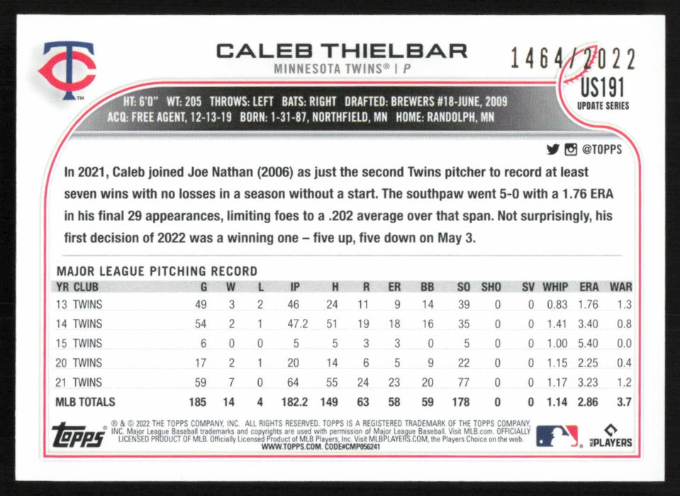 Caleb Thielbar 2022 Topps Update # US191 Gold 1464/2022 Minnesota Twins - Collectible Craze America