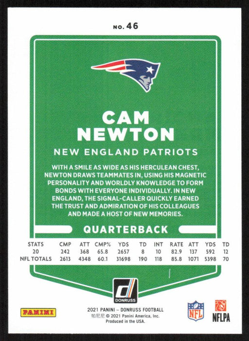 Cam Newton 2021 Donruss Football # 46 New England Patriots Base - Collectible Craze America