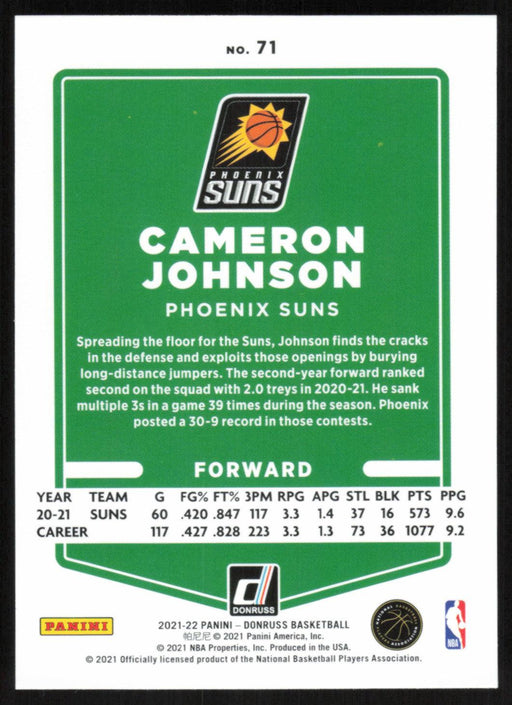 Cameron Johnson 2021 Donruss # 71 Teal Holo Laser Phoenix Suns - Collectible Craze America