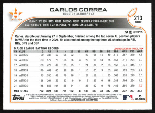 Carlos Correa 2022 Topps Chrome # 213 Pink Refractor Houston Astros - Collectible Craze America