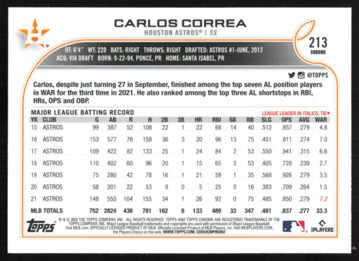 Carlos Correa 2022 Topps Chrome Baseball # 213 Houston Astros Base - Collectible Craze America