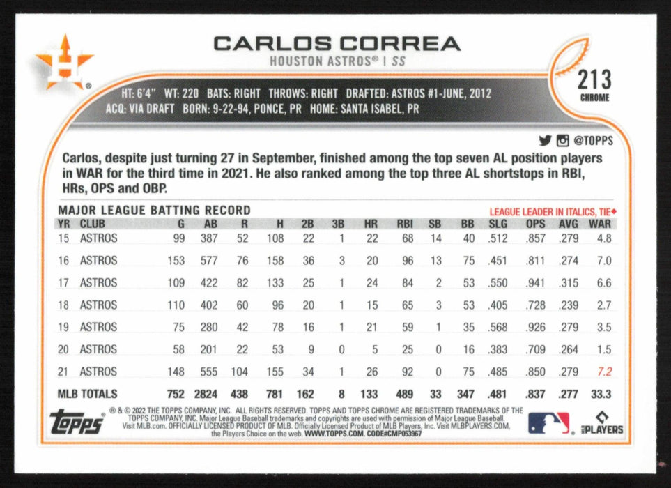 Carlos Correa 2022 Topps Chrome Baseball # 213 Houston Astros Base - Collectible Craze America