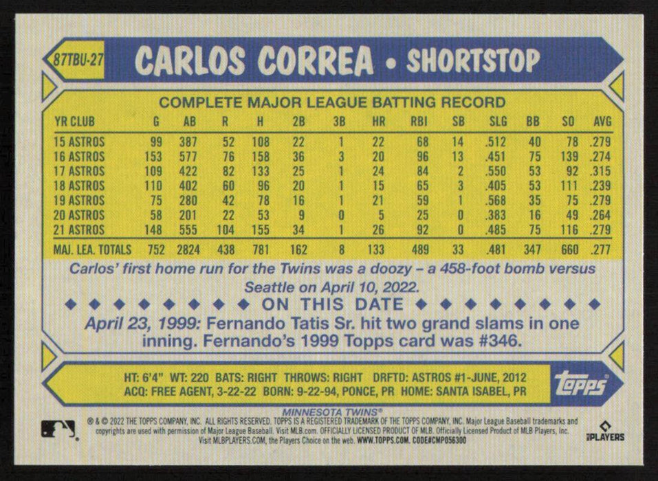 Carlos Correa 2022 Topps Update 1987 Topps # 87TBU-27 Houston Astros - Collectible Craze America