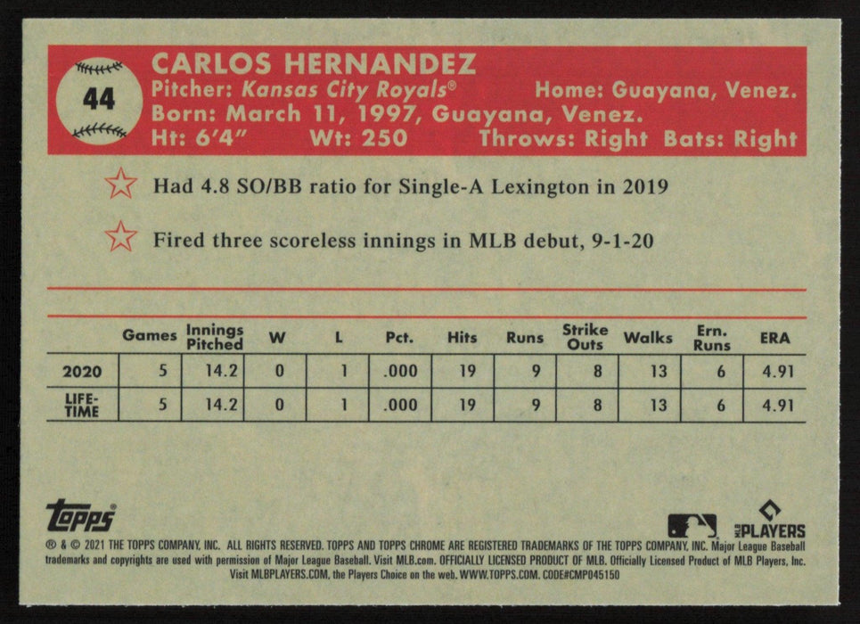 Carlos Hernandez 2021 Topps Chrome Platinum Anniversary # 44 RC Black & White Mini Diamonds Kansas City Royals - Collectible Craze America