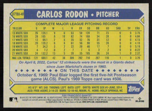 Carlos Rodon 2022 Topps Update 1987 Topps # 87TBU-40 Chicago White Sox - Collectible Craze America