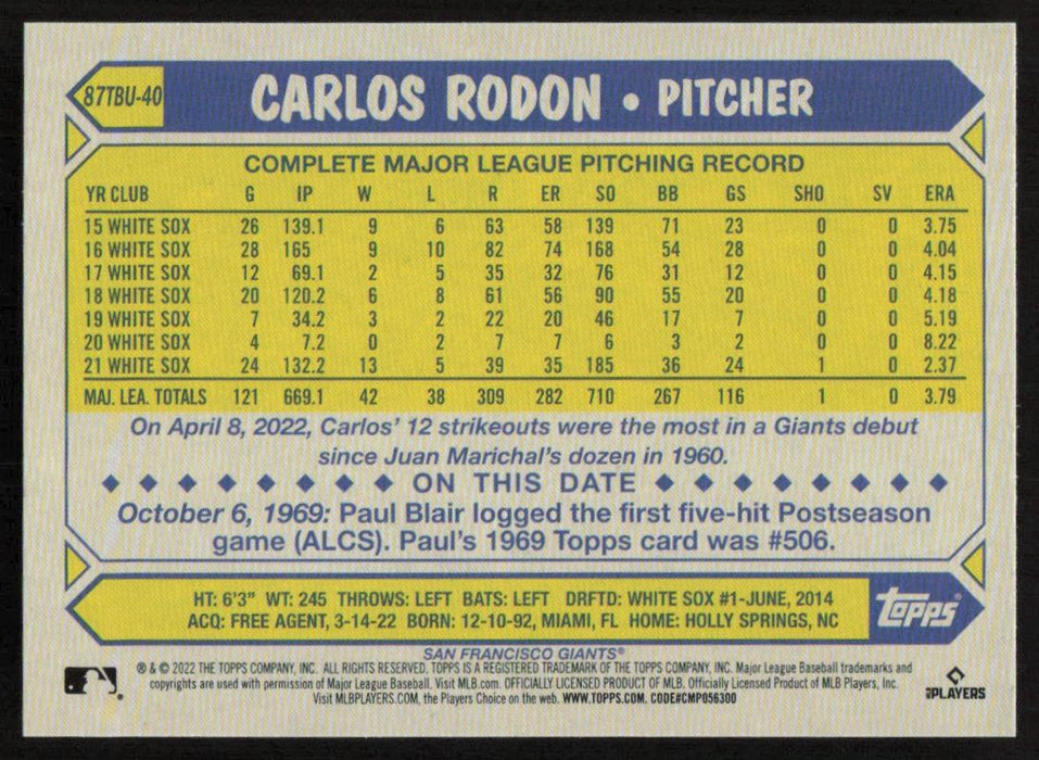 Carlos Rodon 2022 Topps Update 1987 Topps # 87TBU-40 Chicago White Sox - Collectible Craze America