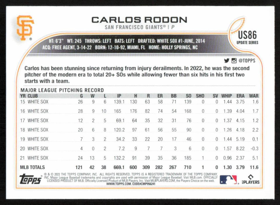 Carlos Rodon 2022 Topps Update Rainbow Foil # US86 San Francisco Giants - Collectible Craze America