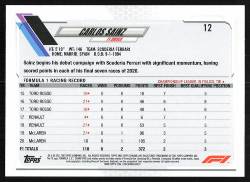 Carlos Sainz 2021 Topps Chrome Formula 1 # 12 Scuderia Ferrari - Collectible Craze America