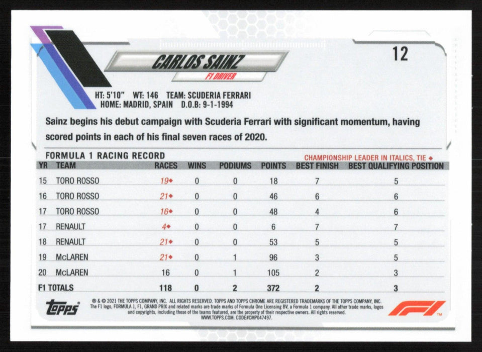 Carlos Sainz 2021 Topps Chrome Formula 1 # 12 Scuderia Ferrari - Collectible Craze America
