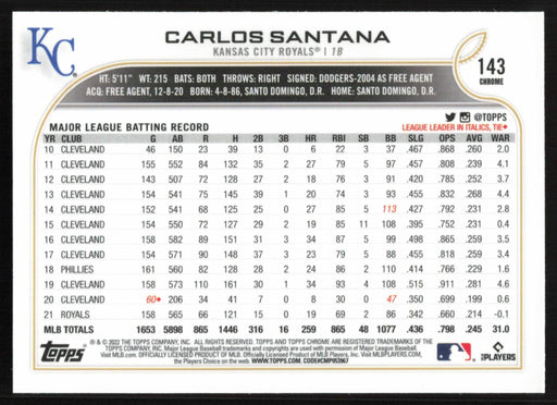 Carlos Santana 2022 Topps Chrome # 143 Pink Refractor Kansas City Royals - Collectible Craze America