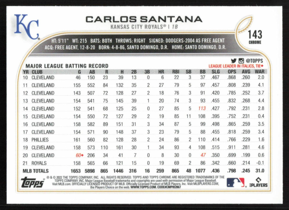 Carlos Santana 2022 Topps Chrome # 143 Pink Refractor Kansas City Royals - Collectible Craze America