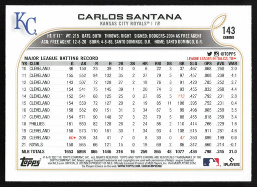 Carlos Santana 2022 Topps Chrome # 143 Prism Refractor Kansas City Royals - Collectible Craze America