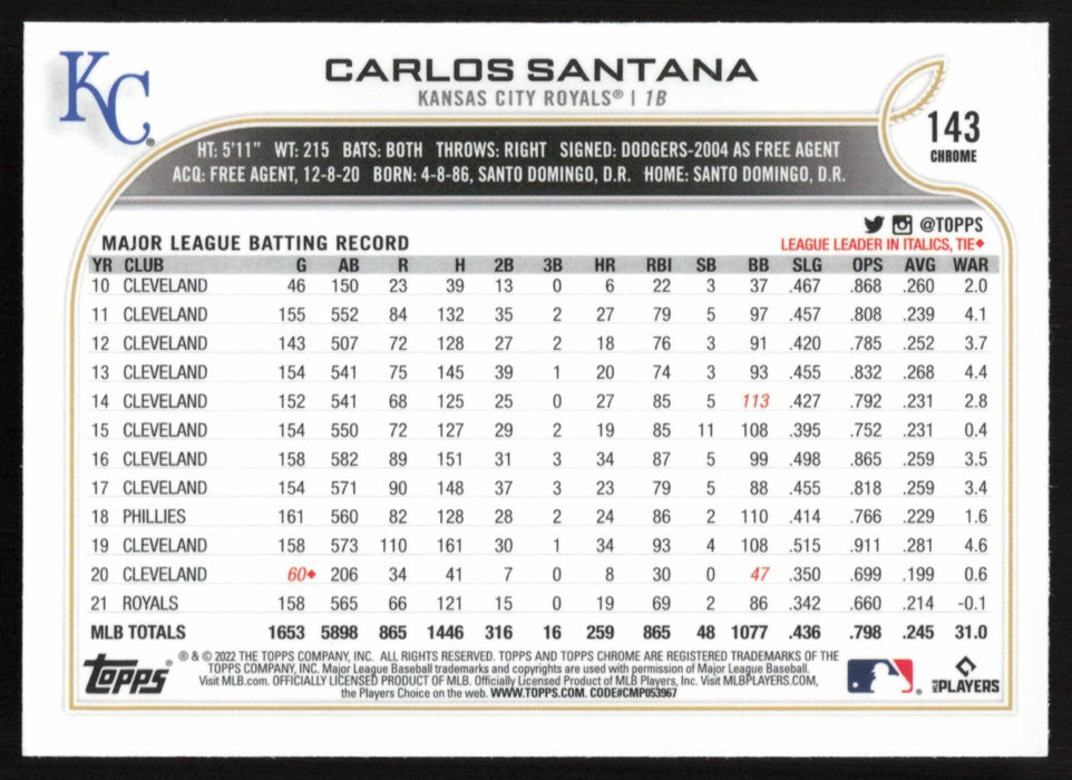 Carlos Santana 2022 Topps Chrome # 143 Prism Refractor Kansas City Royals - Collectible Craze America