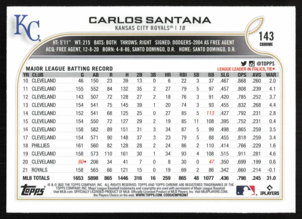 Carlos Santana 2022 Topps Chrome Baseball # 143 Kansas City Royals Base - Collectible Craze America