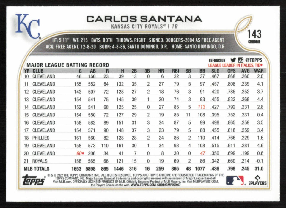 Carlos Santana 2022 Topps Chrome Baseball # 143 Refractor Kansas City Royals - Collectible Craze America