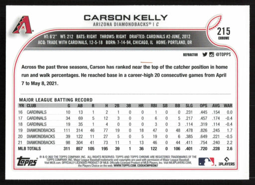 Carson Kelly 2022 Topps Chrome # 215 Refractor Arizona Diamondbacks - Collectible Craze America