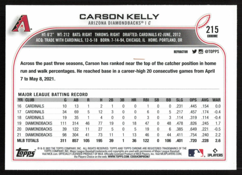 Carson Kelly 2022 Topps Chrome # 215 Refractor Arizona Diamondbacks - Collectible Craze America
