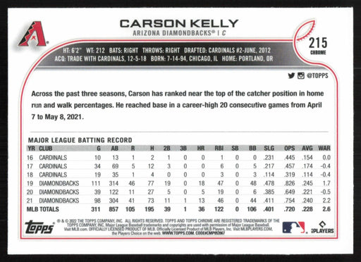 Carson Kelly 2022 Topps Chrome Baseball # 215 Arizona Diamondbacks Base - Collectible Craze America