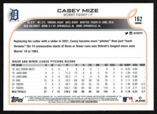 Casey Mize 2022 Topps Chrome Baseball # 162 Detroit Tigers Base - Collectible Craze America