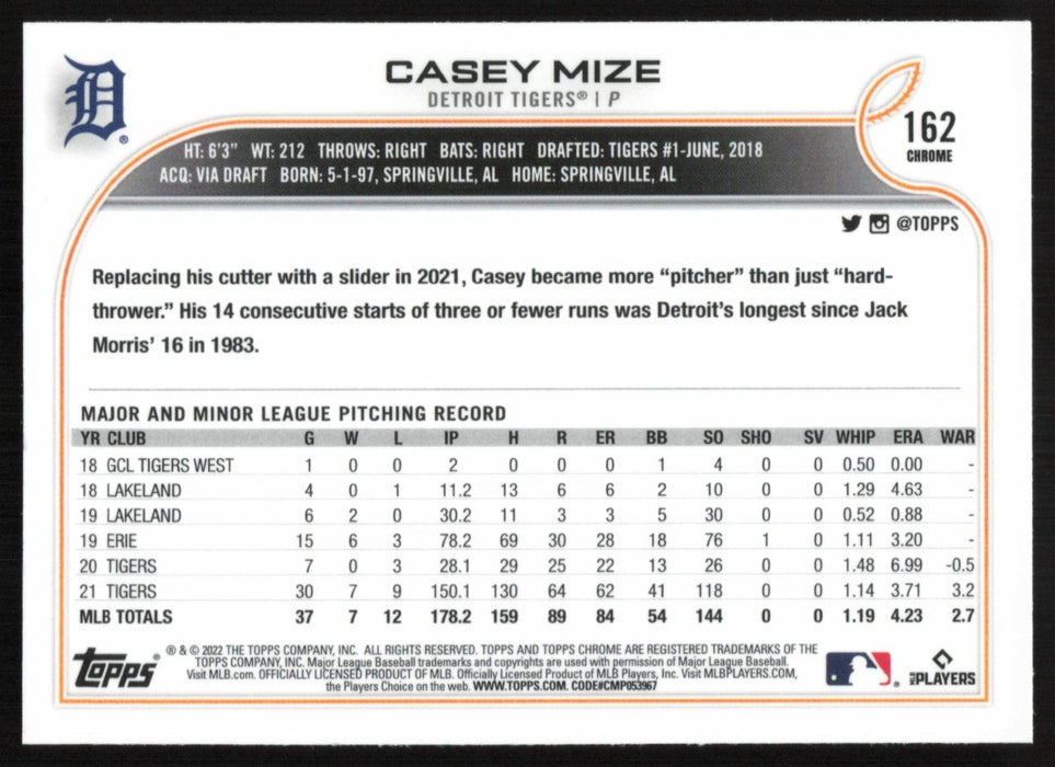 Casey Mize 2022 Topps Chrome Baseball # 162 Detroit Tigers Base - Collectible Craze America