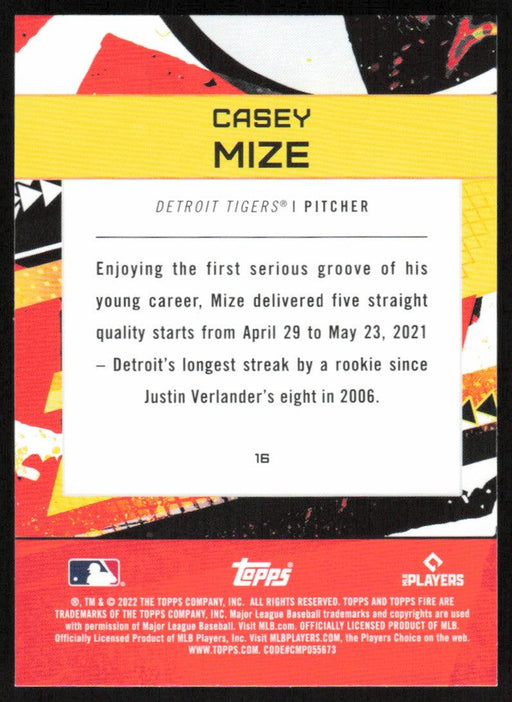 Casey Mize 2022 Topps Fire Baseball # 16 Detroit Tigers Base - Collectible Craze America