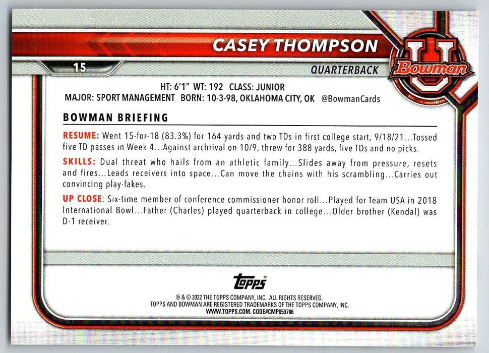 Casey Thompson 2021 Bowman University Football # 15 Texas Longhorns 1st Bowman - Collectible Craze America