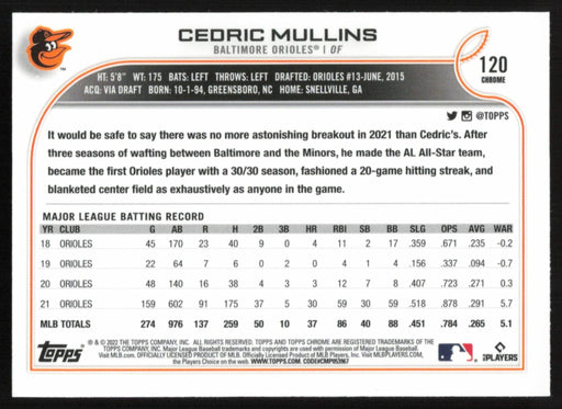 Cedric Mullins 2022 Topps Chrome # 120 Prism Refractor Baltimore Orioles - Collectible Craze America