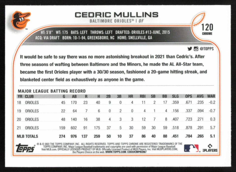 Cedric Mullins 2022 Topps Chrome # 120 Prism Refractor Baltimore Orioles - Collectible Craze America
