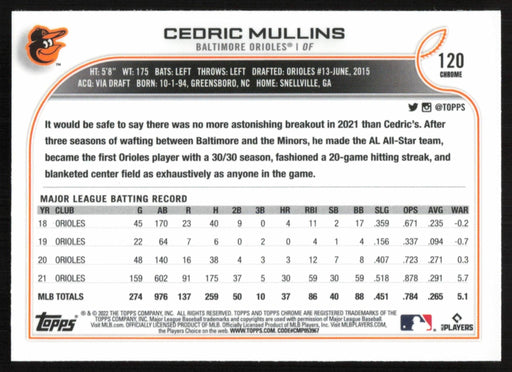 Cedric Mullins 2022 Topps Chrome Baseball # 120 Baltimore Orioles Base - Collectible Craze America