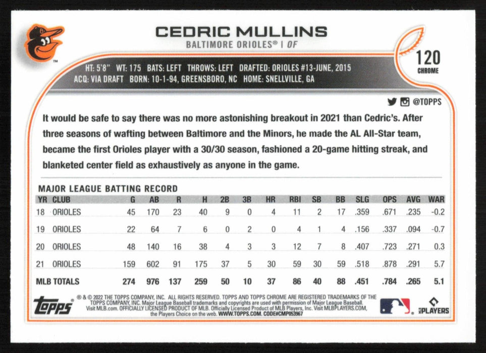 Cedric Mullins 2022 Topps Chrome Baseball # 120 Baltimore Orioles Base - Collectible Craze America