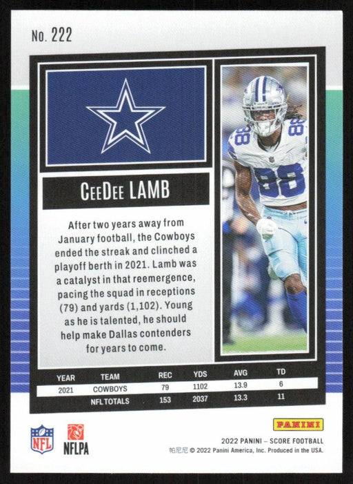 CeeDee Lamb 2022 Panini Score Football # 222 Base Dallas Cowboys - Collectible Craze America