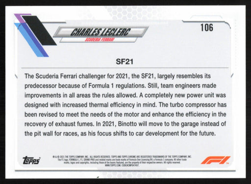 Charles Leclerc 2021 Topps Chrome Formula 1 # 106 Scuderia Ferrari - Collectible Craze America