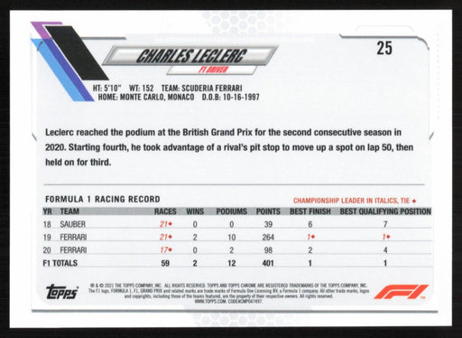 Charles Leclerc 2021 Topps Chrome Formula 1 # 25 RC Scuderia Ferrari - Collectible Craze America