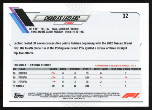 Charles Leclerc 2021 Topps Chrome Formula 1 # 32 Scuderia Ferrari - Collectible Craze America