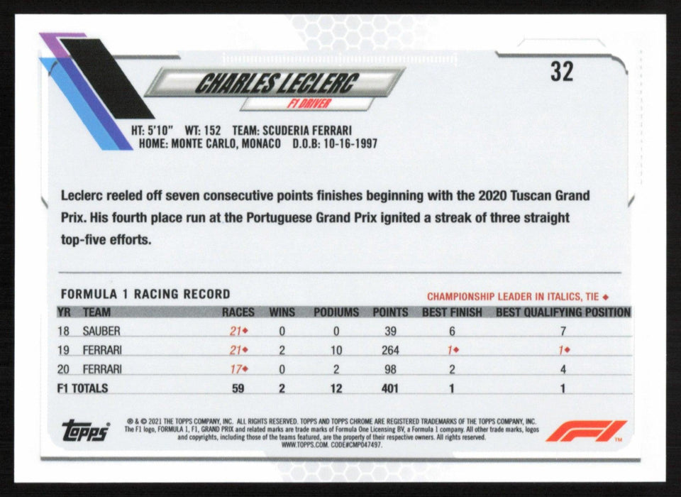 Charles Leclerc 2021 Topps Chrome Formula 1 # 32 Scuderia Ferrari - Collectible Craze America