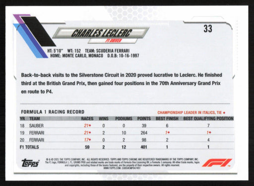 Charles Leclerc 2021 Topps Chrome Formula 1 # 33 Scuderia Ferrari - Collectible Craze America