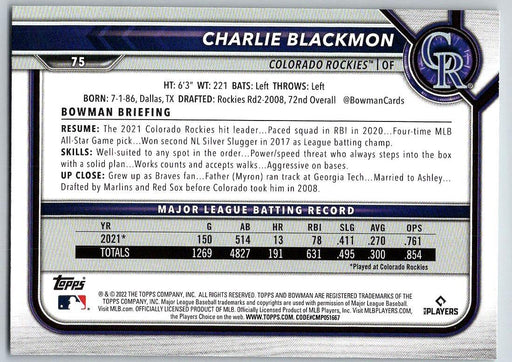 Charlie Blackmon 2022 Bowman # 75 Colorado Rockies - Collectible Craze America