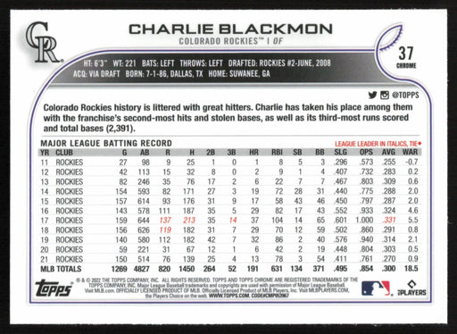 Charlie Blackmon 2022 Topps Chrome # 37 X-Fractor Colorado Rockies - Collectible Craze America