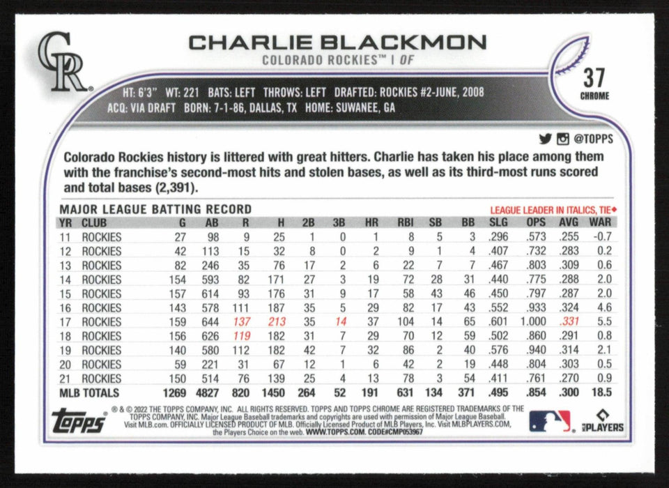 Charlie Blackmon 2022 Topps Chrome # 37 X-Fractor Colorado Rockies - Collectible Craze America