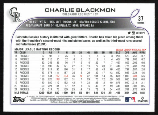 Charlie Blackmon 2022 Topps Chrome Baseball # 37 Colorado Rockies Base - Collectible Craze America