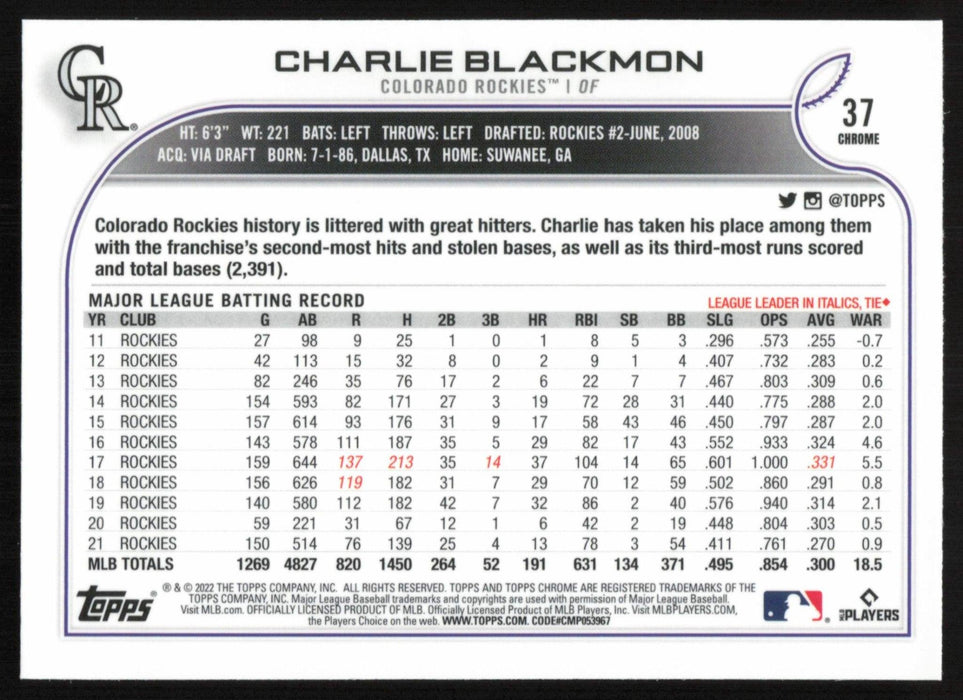 Charlie Blackmon 2022 Topps Chrome Baseball # 37 Colorado Rockies Base - Collectible Craze America