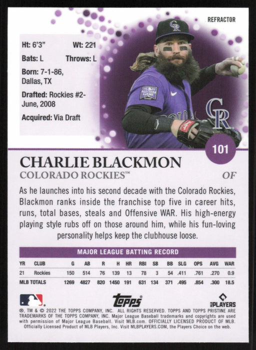 Charlie Blackmon 2022 Topps Pristine # 101 Refractor Colorado Rockies - Collectible Craze America