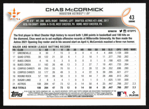 Chas McCormick 2022 Topps Chrome # 43 RC Refractor Houston Astros - Collectible Craze America
