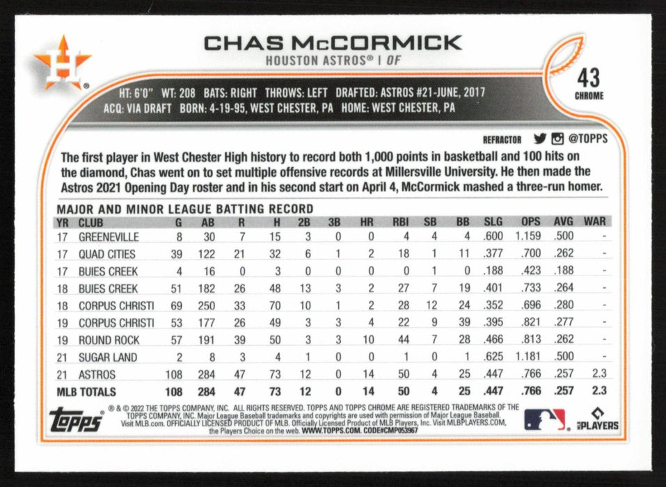 Chas McCormick 2022 Topps Chrome # 43 RC Refractor Houston Astros - Collectible Craze America