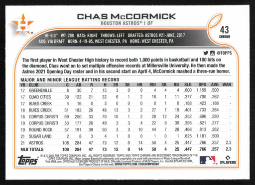 Chas McCormick 2022 Topps Chrome Baseball # 43 RC Houston Astros Base - Collectible Craze America
